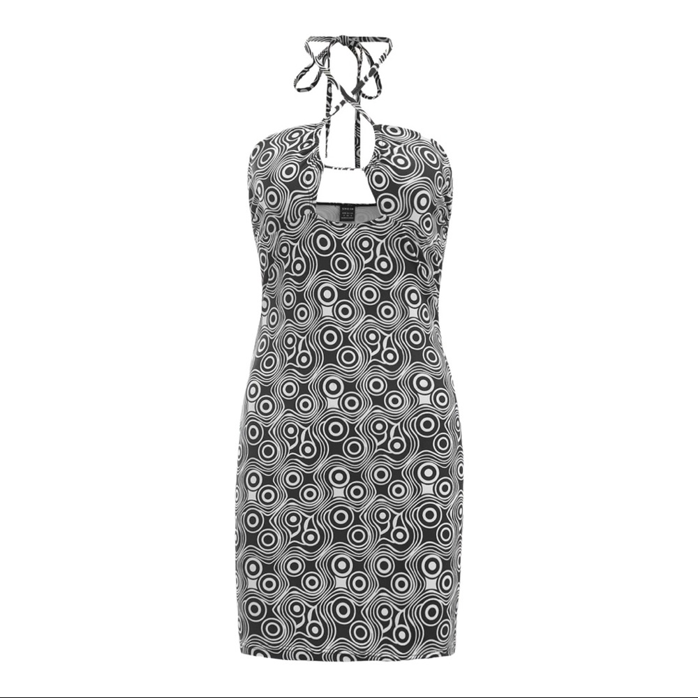 GEO PRINT TIED BACKLESS BLACK AND WHITE DRESS SIZE 2